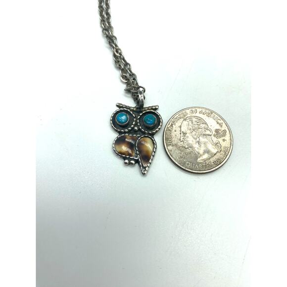 Vintage Acoma Sterling Silver Turquoise Multi-Stone Owl Pendant Signed J.L.‎ - Picture 3 of 4
